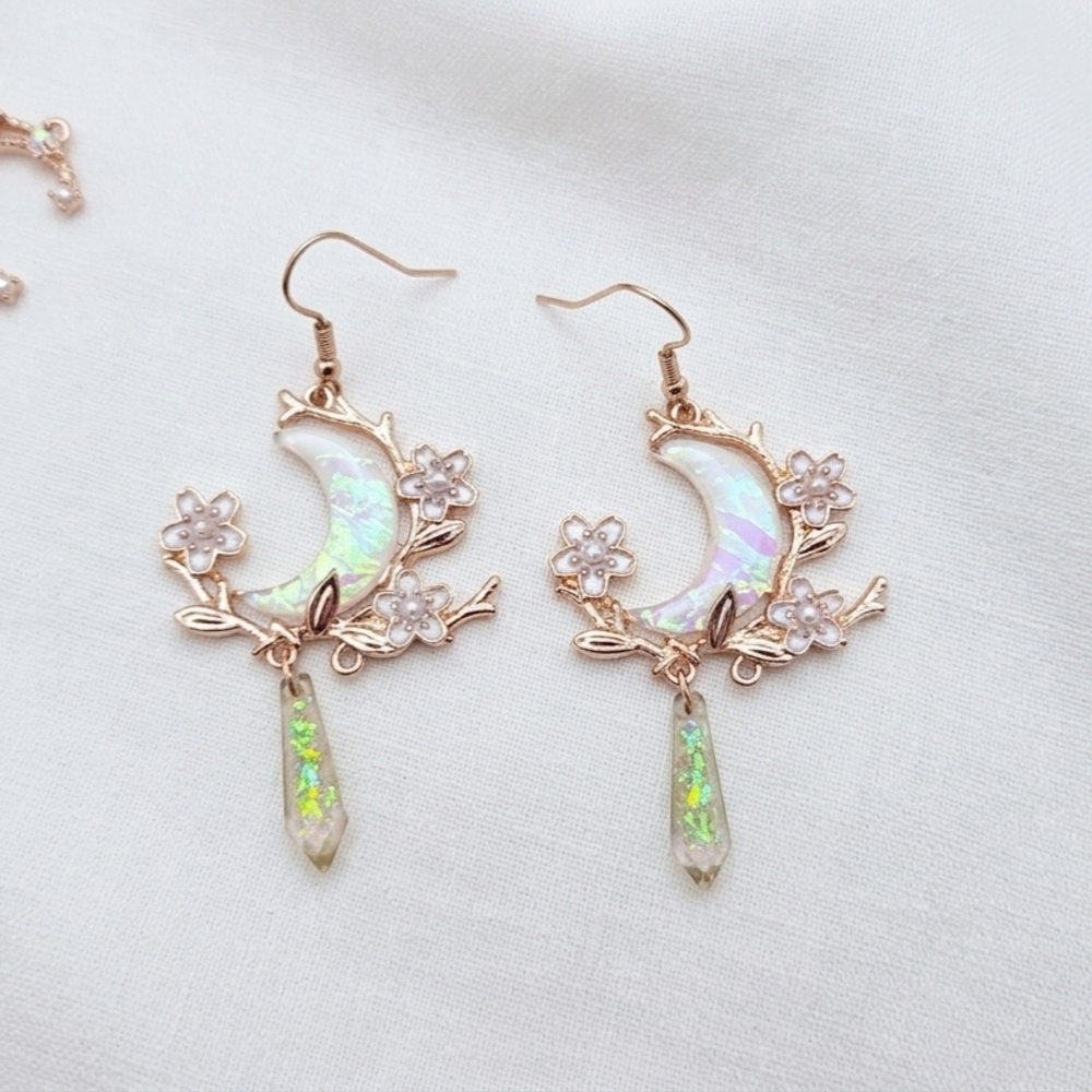 Opal Crescent Moon Floral Drop Earrings - Iridescent White